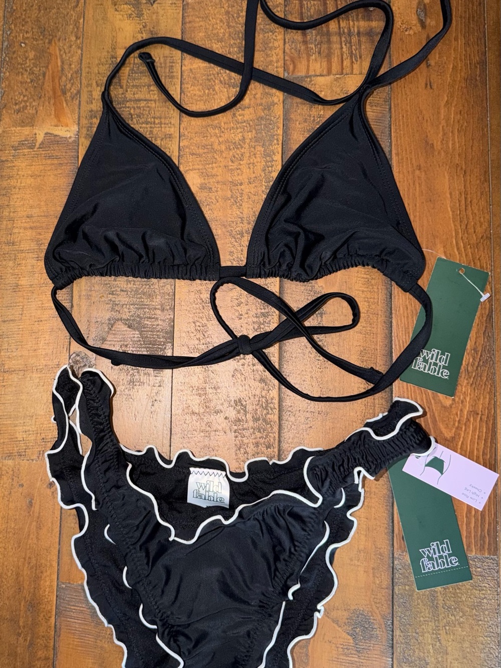 wild fable Black Triangle Bikini with White Ruffle Trim